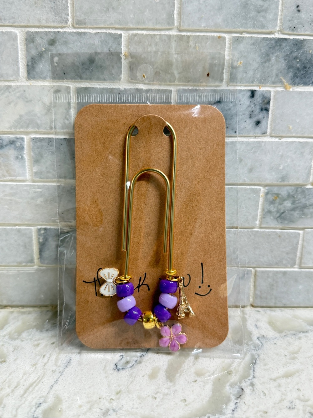 Gold Paperclip Bookmark with Purple Beads and Flower Charm